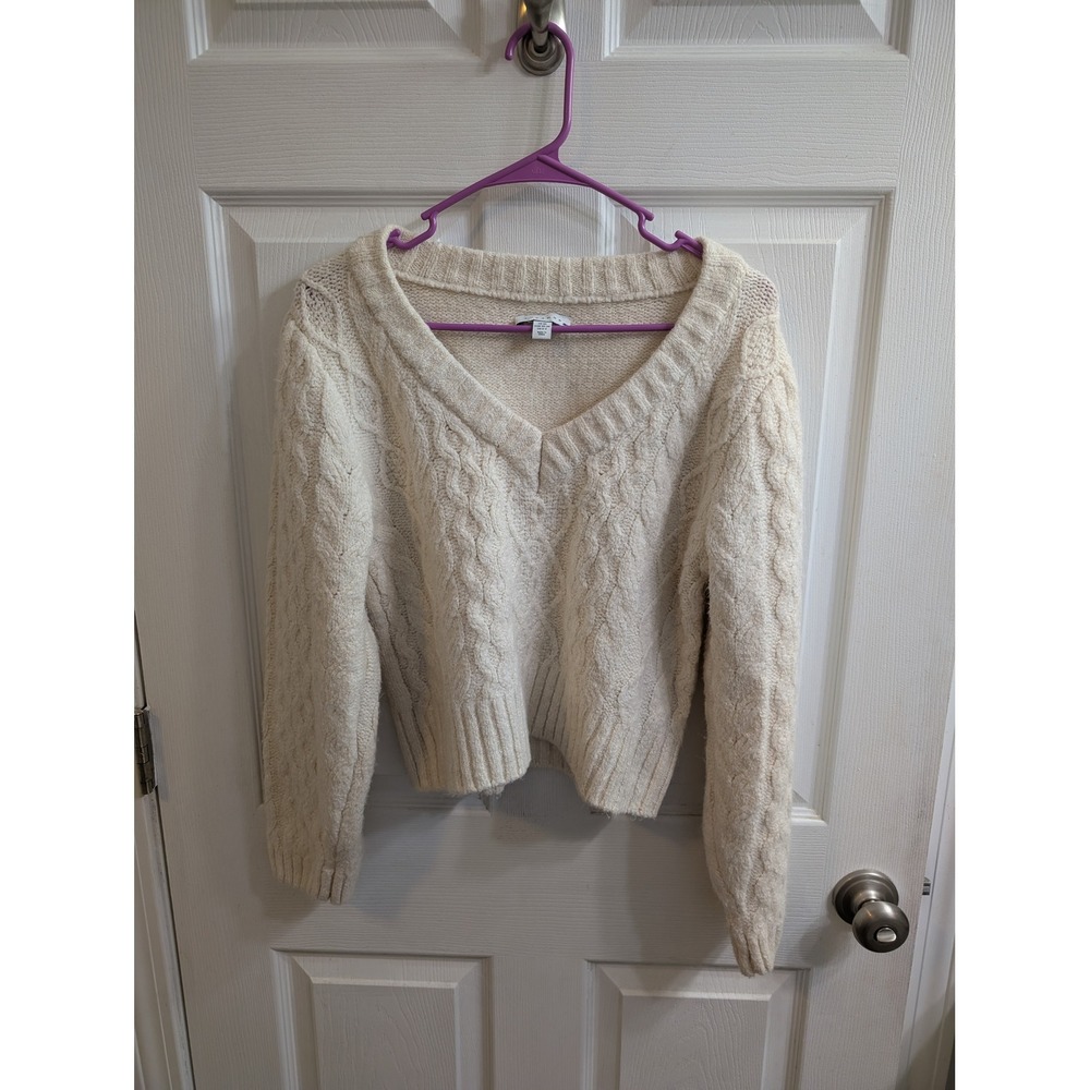 Topshop Cream Cable Knit V Neck Cropped Sweater Women's - Size XS